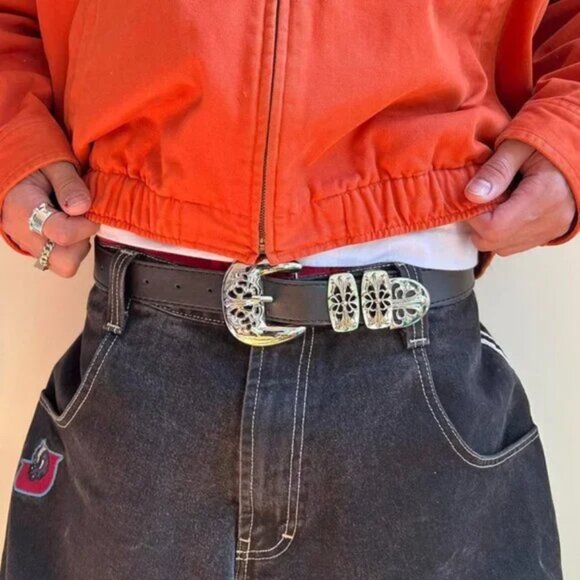 vintage chrome buckle black american western design belt - Picture 5 of 6